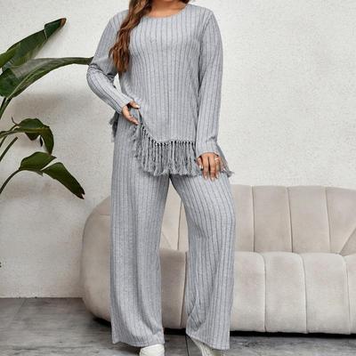 Damen Zweiteiliges Set mit weitem Bein und weitem Bein, lässiger Rundhalsausschnitt, lässiger Pullover mit Quastensaum, hohe Taille, weites Bein, Hose, Frühling und Herbst