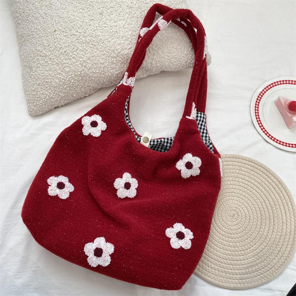 Cusual Embroidery Flower Tote Bag Large Capacity Fluffy Shoulder Bag Plush Underarm Bag Travel
