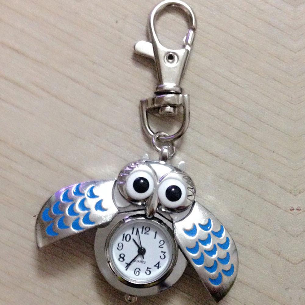 New Fashion Cute Flip Style Small Owl Necklace Hanging Watch Keychain Cartoon Pocket Watch On Chain Pendant Birthday Gifts