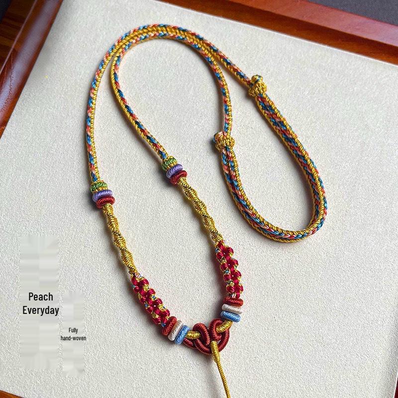 Elegant Handmade Amber Gold Pendant Necklace with Eight Treasures Compass Safety Buckle and Jade Pendant Rope