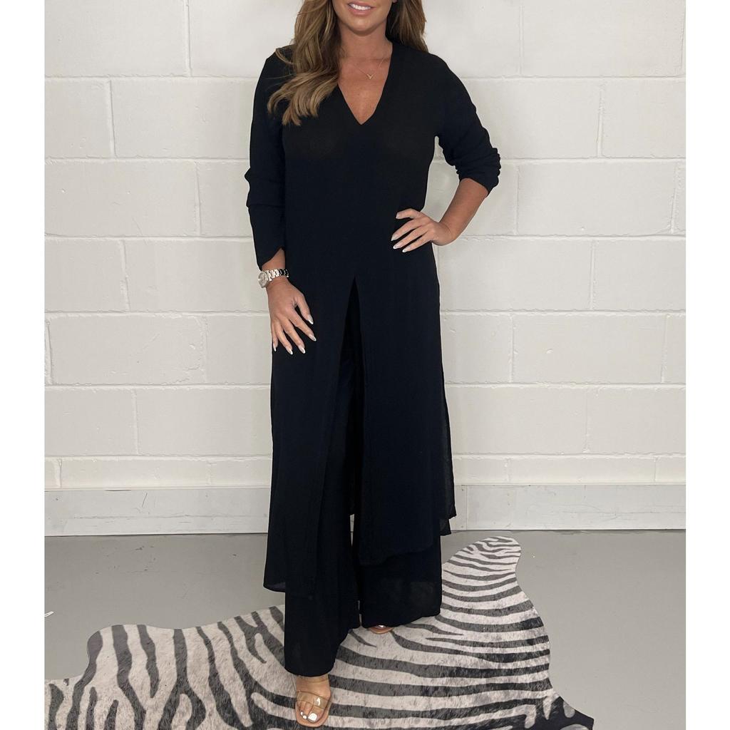 GMXIA Conjunto de top largo y pantalón largo dividido para mujer de verano y otoño