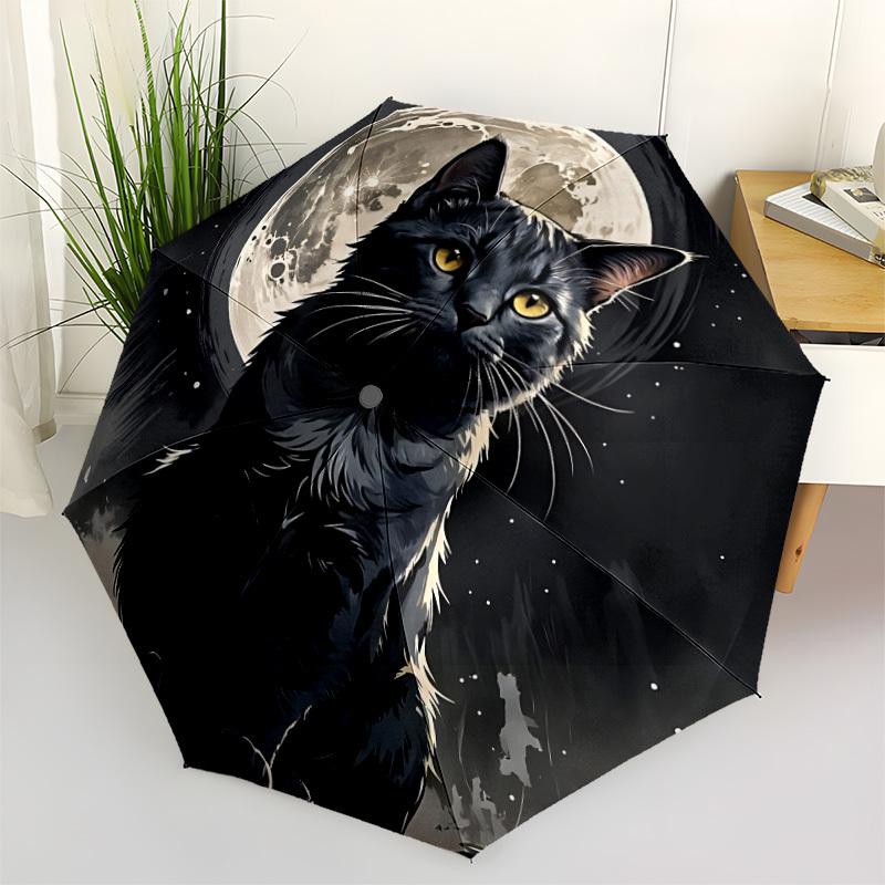 1pc Moonlit Cat Night Scene Auto-Fold Umbrella with One-Touch Open/Close - 8 Reinforced Ribs for Windproof Stability,  Yy251118127