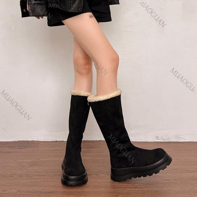 Thick Bottom Snow Boots  Winter Round Toe Fleece Warm Platform Women's Shoes Fashion Suede Warm Mid-calf Cotton Botas Femininas