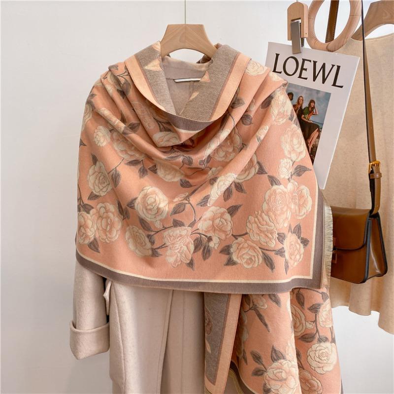 Cute flower cashmere scarf feel fringed shawl soft girl winter student scarf warm thickened scarf