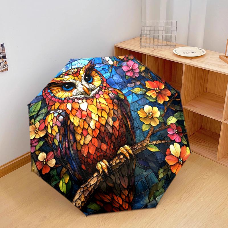 1 PC Automatic Folding Umbrella - Owls and Flowers Pattern, Portable & Foldable Design with 8 Ribs, Christmas Birthday Gifts