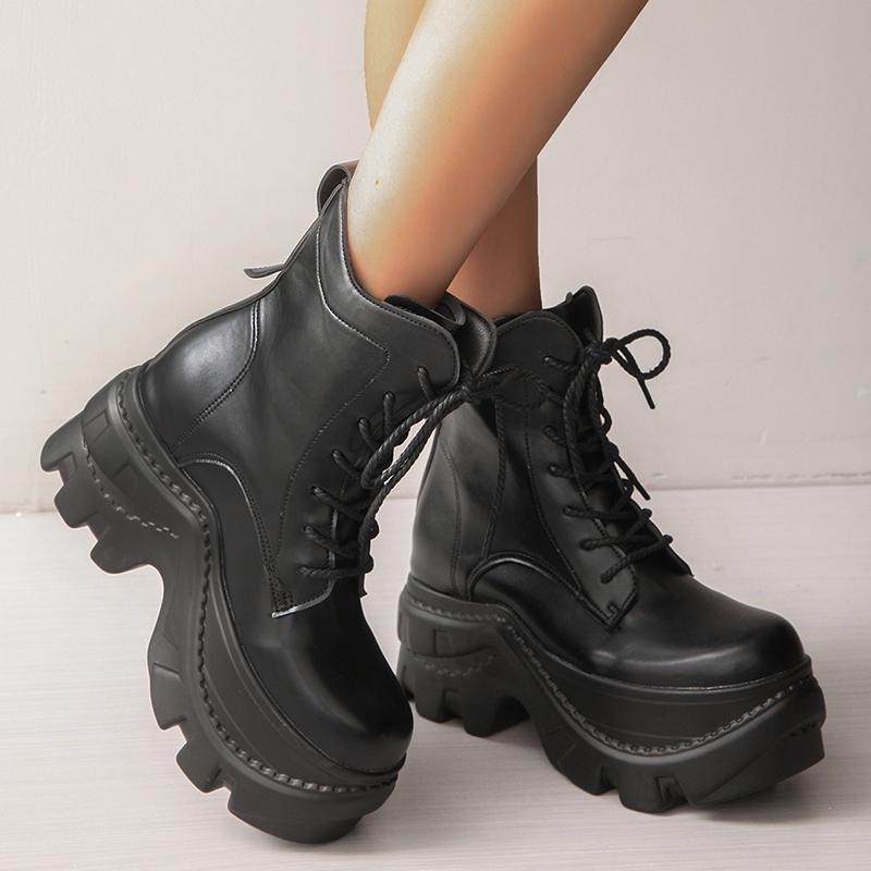 Fashion Women's Chunky Platform Combat Boots Lace Up Gothic Punk High Heel Ankle Boots Women Plus Size 42 Fashion Black Motorcycle Shoes