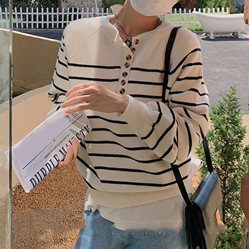 

Весенне-осенний вязаный полосатый пуловер женский свободный верх с круглым вырезом и пуговицами, повседневный простой с длинным рукавом, офисные топы, простая женская одежда one size белый