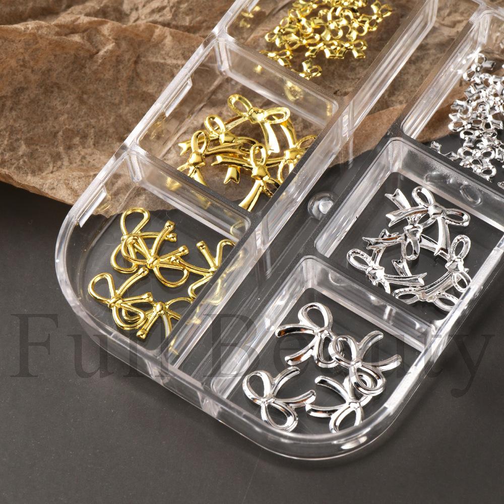 New 6-grid jewelry ins metal gold and silver mini bow nail art jewelry