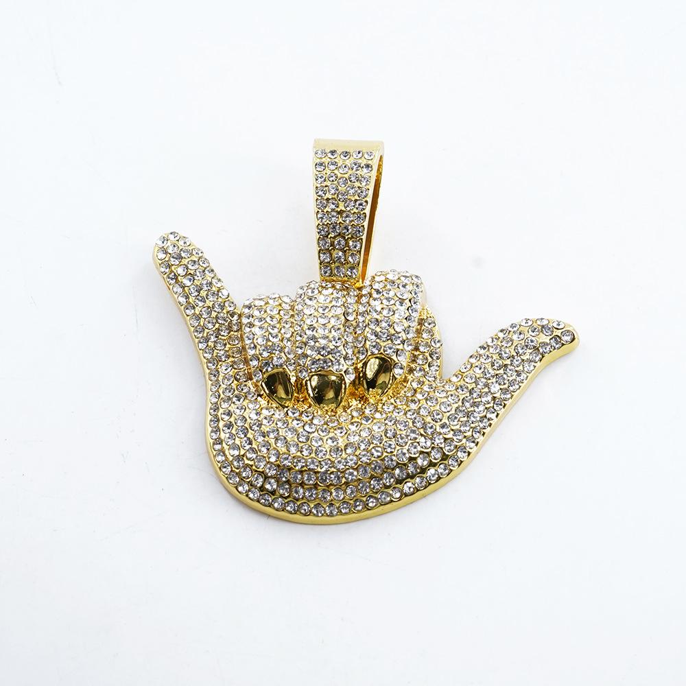 Alloy Full Diamond Lucky Gesture Pendant Personalized Male Hip Hop Cuban Chain Texture Finger Frame Necklace