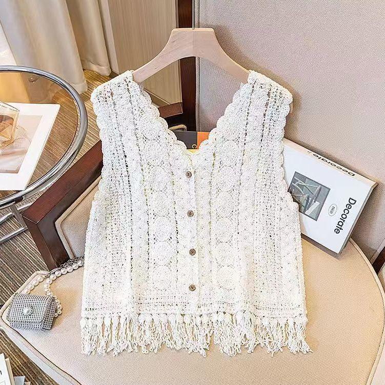 French Niche Design Hollowed-out Crocheted Knitted Waistcoat Vest for Women To Wear Outside In Summer Loose Tassel Sleeveless Spicy Girl Top
