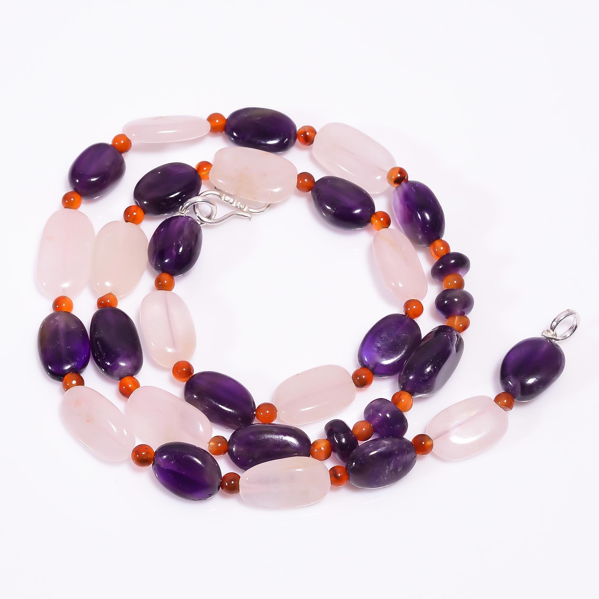 

Rose Quartz Amethyst Carnelian Gemstone Beads Necklace 3-15 mm 18 UB-7947 UB-7947