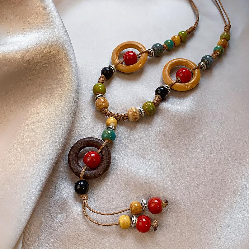 Meier Bohemian Retro Ceramic Braided Rope Necklace Women's New Chinoiserielong Tassel Sweater Chain