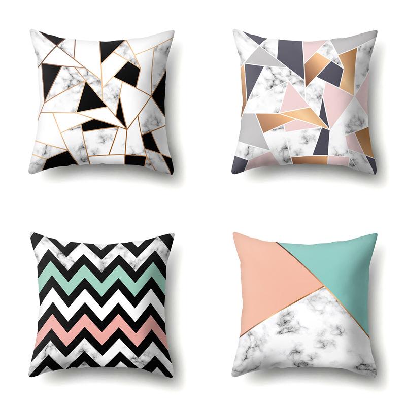 Polyester Pillow Case Nordic Ins Style Marble Geometric Printed Peach Leather Velvet Living Room Sofa Pillow Case
