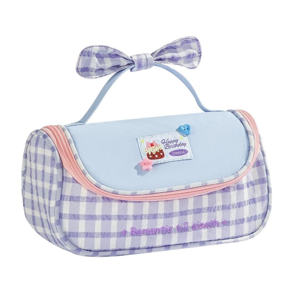 Gingham Print Stationery Bag Bow Handle Pencil Pouch Multi-Functional Pencil Case  Students