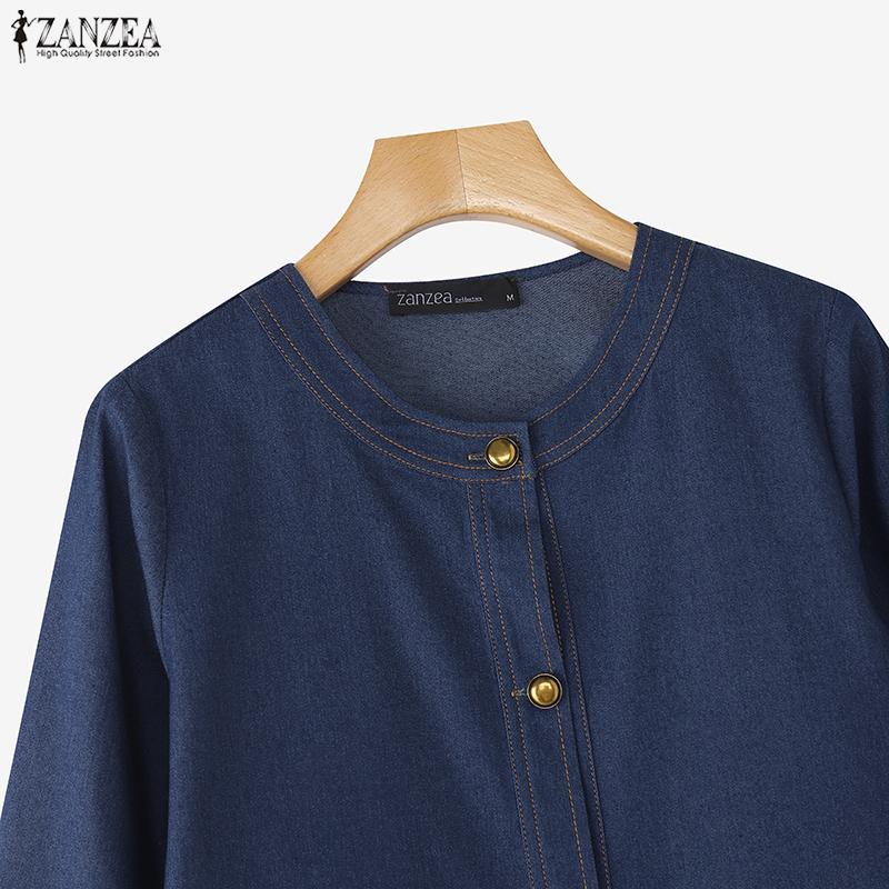 ZANZEA Women Casual Round Neck Long Sleeve Vintage Denim Blouse