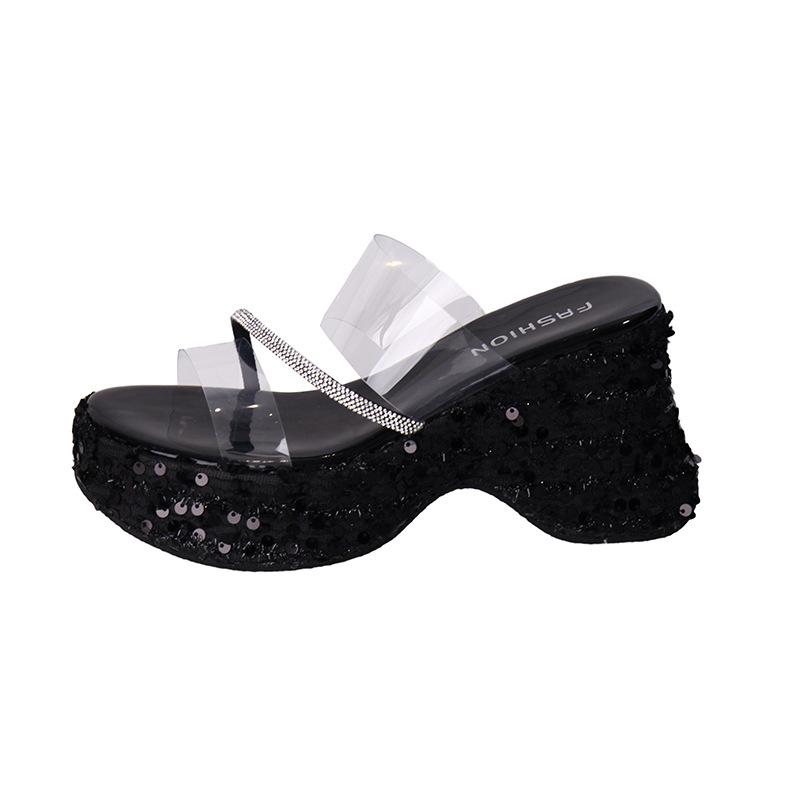 Fashion versatile thick-bottomed wedge heel with transparent cool slippers, summer design sequined thick-bottomed cool slippers