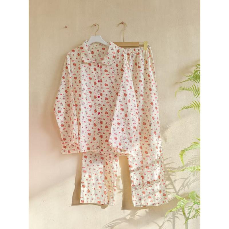 Womens Cotton Pajama Set Cartoon Long Sleeve Pants Loungewear