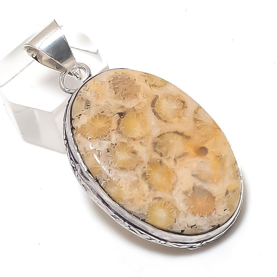 

Fossil Coral Gemstone 925 Sterling Silver Jewelry Pendant 2.05