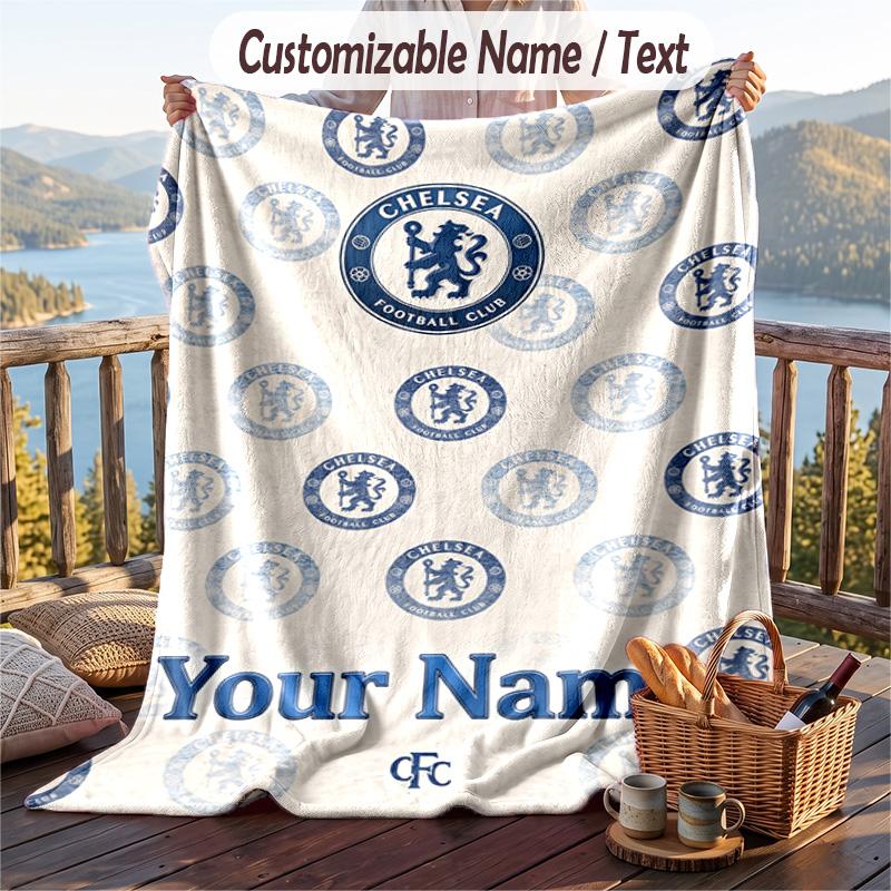 Flannel Blanket Chelsea FC Print Custom Name Text Soft Throw for Sofa Bed