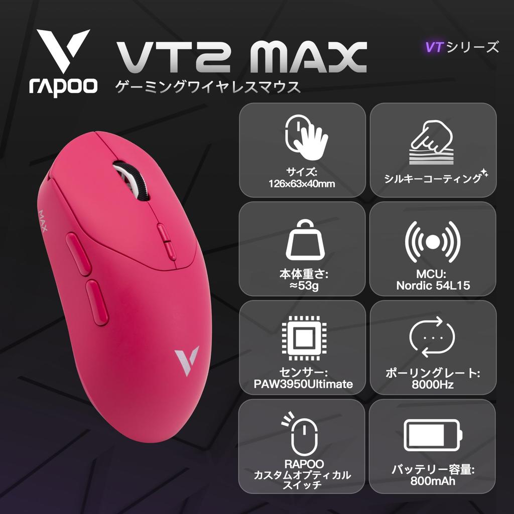 RAPOO VT MAX Series Gaming 8KHz Polling PAW3950 Ultimate Sensor Japanese MAX Mouse, 2.4G Wireless, Long-Lasting Performance, Rate, Lightweight,