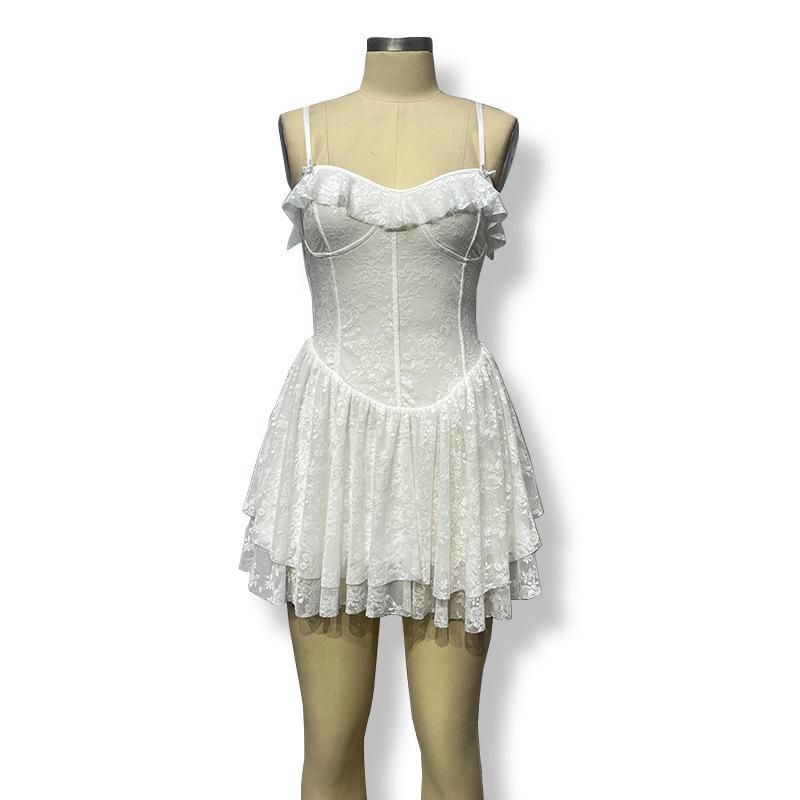 Autumn suspender hip skirt European and American sexy V-neck lace ruffle edge sleeveless dress