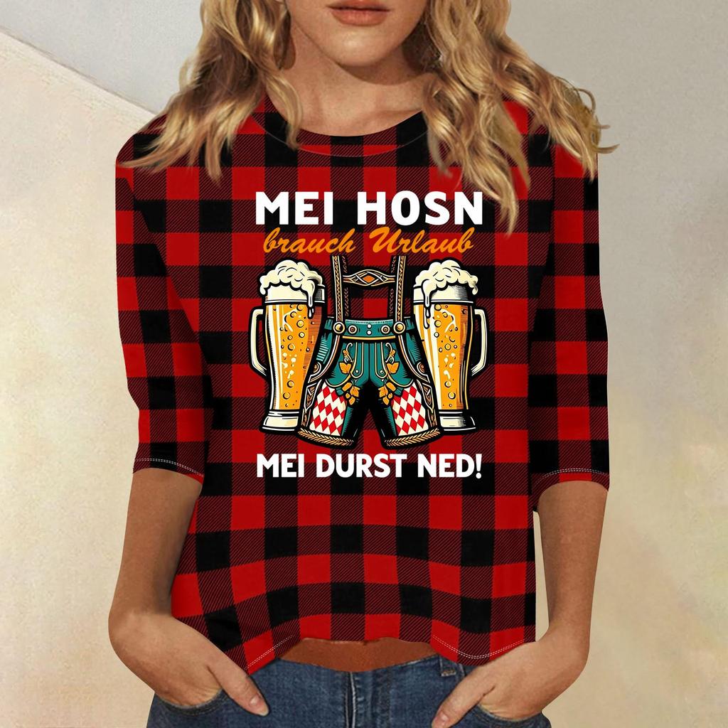 Women's Casual Three Quarter Sleeve Round Neck Shirt Oktoberfest Print Lightweight Comfortable Fit Top for Everyday Wear