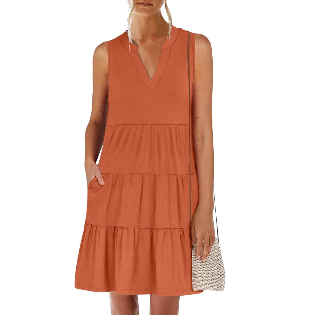 Women's Summer Fashion V-neck Sleeveless Patchwork Solid Color Casual Dresses