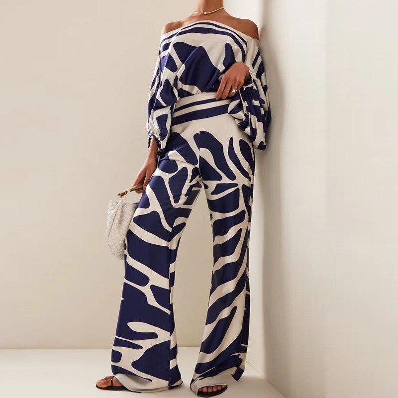 European & American Women's Print Top & Wide-Leg Pants Set with Batwing Sleeves