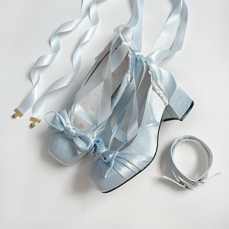 JX Single Shoes Summer New Square Head Satin Strap Bow Lolita High Heel Mary Jane Shoes