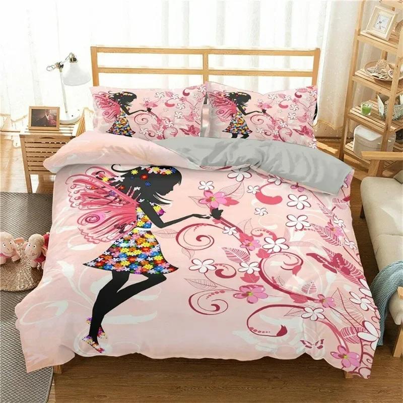 Girly Buterfly Soft Duvet Cover Lovely Pink Flower Fairy featuring Wings Beding Set Microfiber Romantic Warm Comforter Cover King Quen Sized Dimension