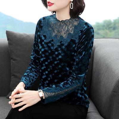New Autumn High-end Gold Velvet Long-sleeved T-shirt with a Fashionable Age-reducing Lace Top