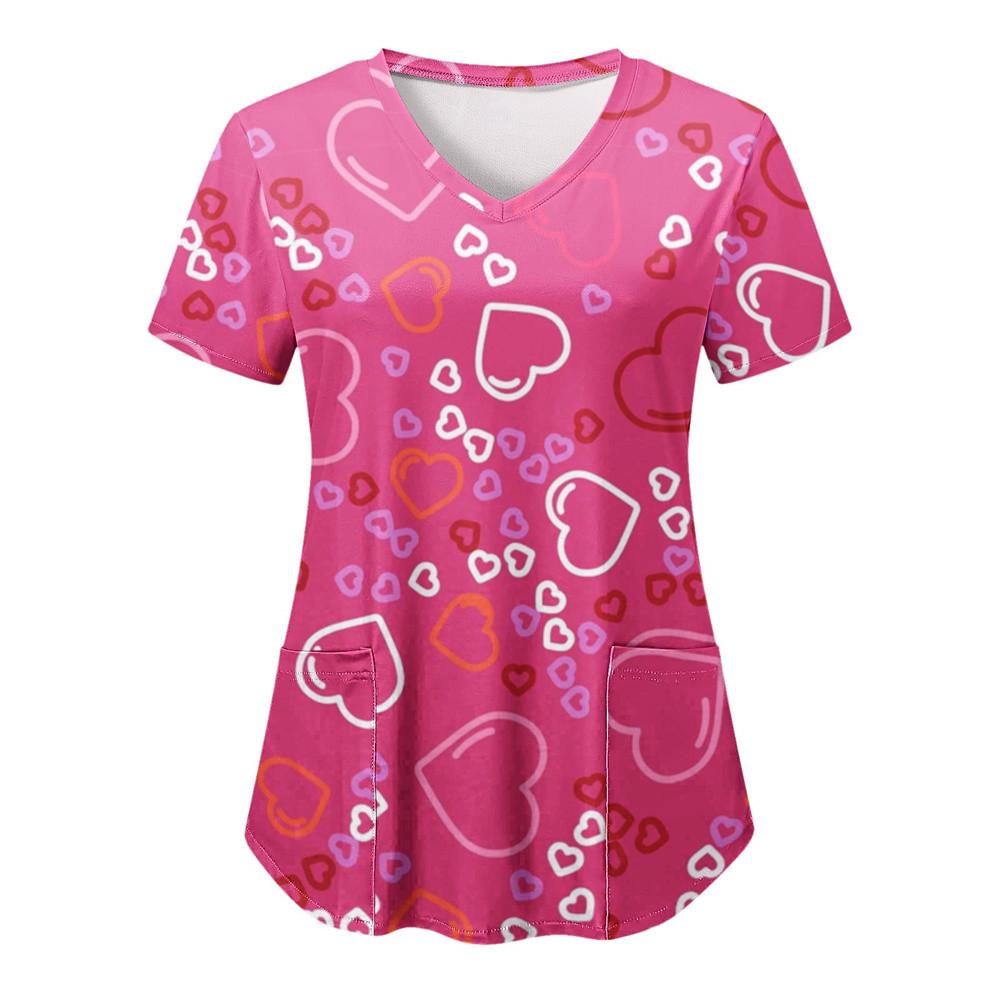 Herz-Aufdruck V-Ausschnitt Kasack-T-Shirt, Lässiges kurzärmeliges T-Shirt mit aufgesetzten Taschen für Damen, Medizinische Krankenschwester-Uniform, Arbeitskleidung für Damen 7XL pink