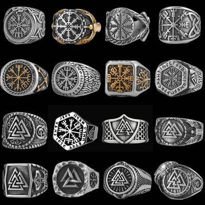 Vintage Stainless Steel Viking Ring for Men Women Nordic Amulet Compass Rune Valknut Ring Multi-style Jewelry Gift for Boyfriend