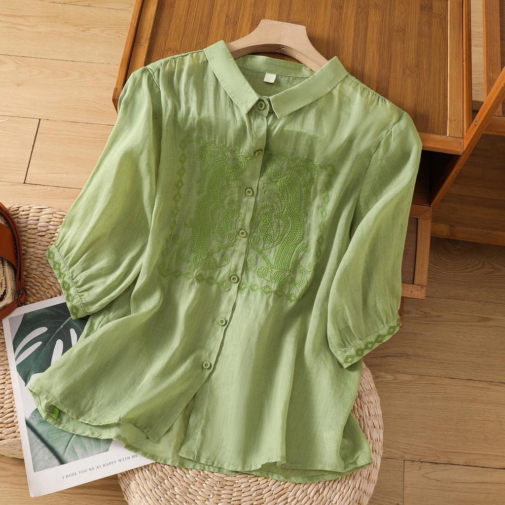 Lockeres und leichtes atmungsaktives Baumwoll- und Leinenhemd für Damen Sommer neu Polokragen Siebenviertelärmel besticktes Temperament-Oberteil