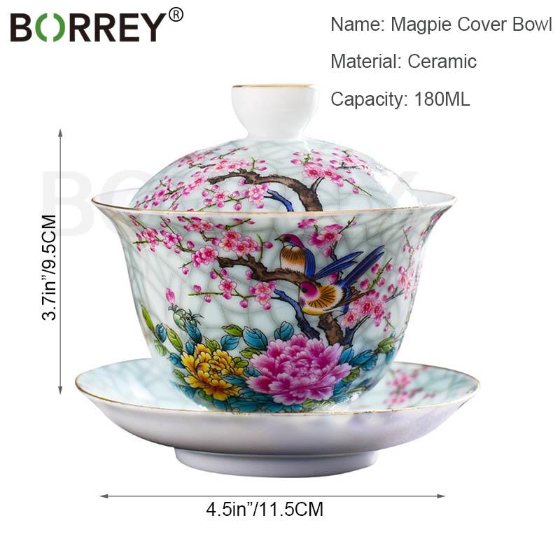 BORREY Chinese Ceramic Magpie Gaiwan Tea Set Kung Fu Tea White Porcelain Gai Wan Outline In Saucer Teaware Ceremony Dish Tea Cup