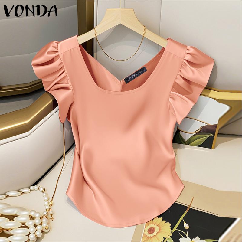 ZANZEA Women Square Collar Ruffled Short Sleeve Satin Casual Blouse