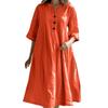 Women's Mid-Length V-Neck Cotton Linen Dress with Short Sleeves and Three-Button Pocket