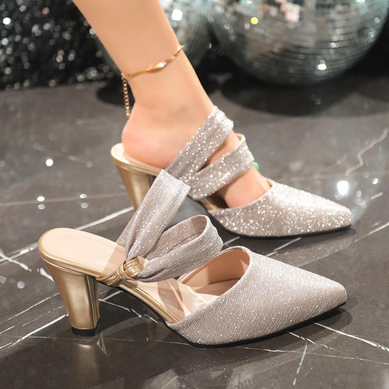 Übergröße One-Word High Heels Fee Sommer Baotou Neu Strass Französische Spitze Flache Sandalen