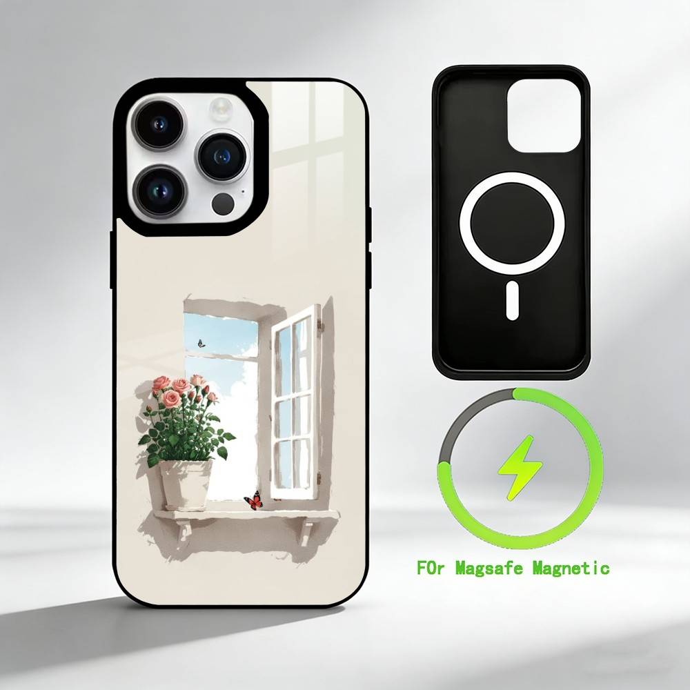 W-Watercolor flowers by the window Phone Case For iPhone 17 16 15 14 13 12 Pro Max Plus for Mirror Wireless Magnetic Cover