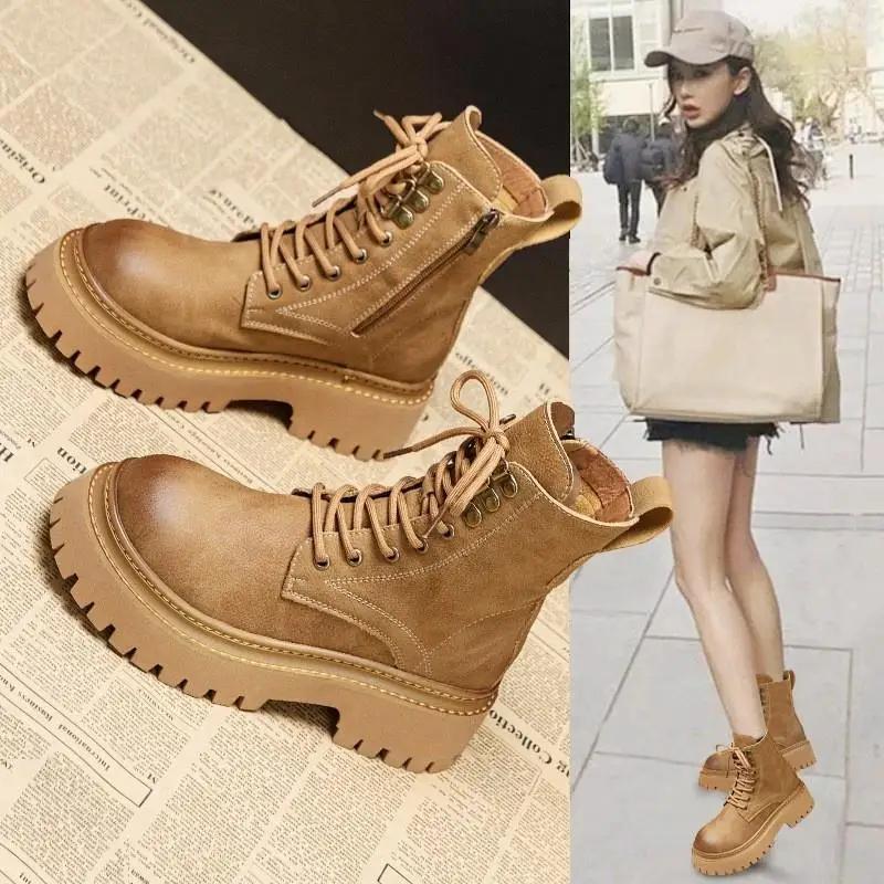 Fashion Genuine Leather Women's Boots Motorcycle Boots for Women Stitching Short Boots Retro Women Botas Femininas De Couro Legitmos