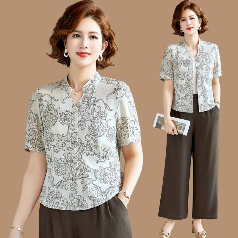 

Mom s Summer Fashion: Stylish Short-Sleeved Top & Wide-Leg Pants Set for Middle-Aged Women 3XL 120-135 lbs
