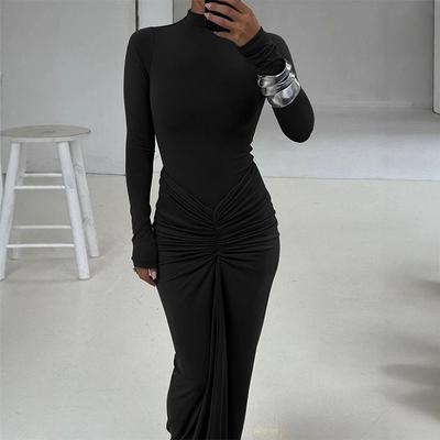 AC610 European & American Style Sexy Waist-Cinching Slim Solid Color Pleated Long Dress