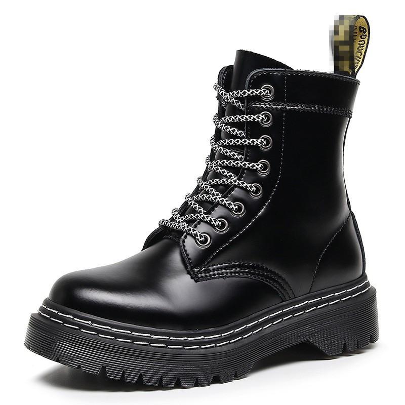 Martin Boots Women's Hard Leather Black Splicing Short Boots Men's and Women's Glossy Leather Boots Round Head Tooling Shoes