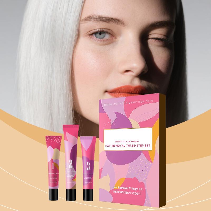 Women Facial Hair Removal Cream Kit Three Step Soft Skin Solution Home Use Gentle Cleansing Moisturizing