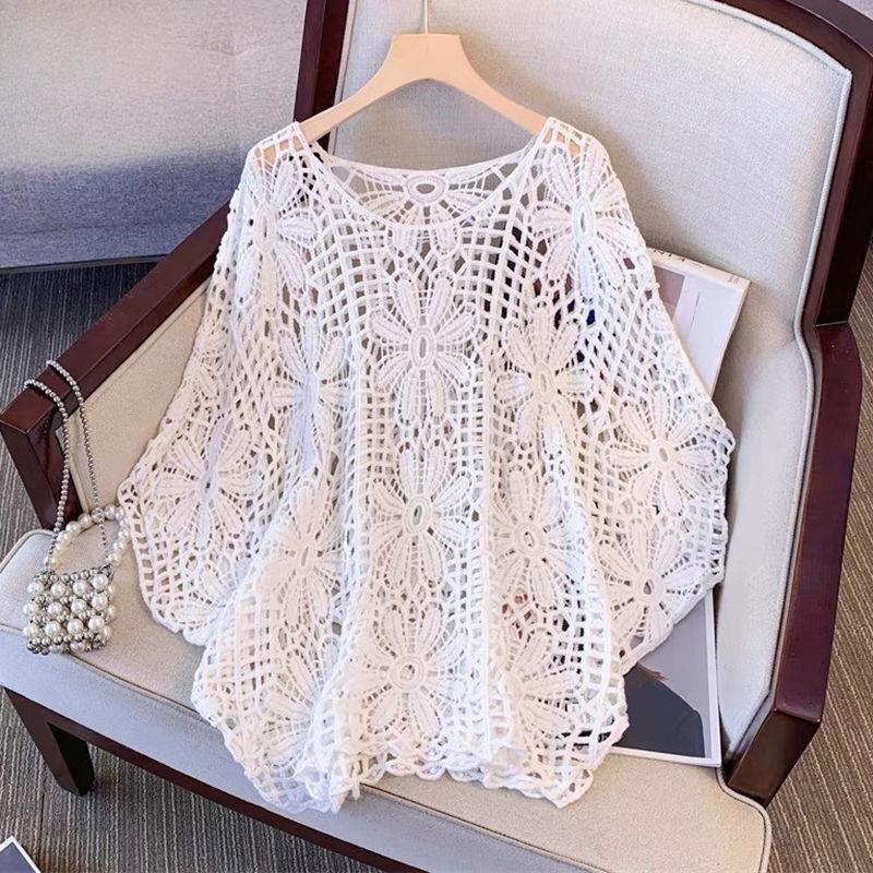 

Летний женский вязаный свитер с вырезом, короткий рукав, круглый вырез, кружевная тонкая блузка, топ one size белый