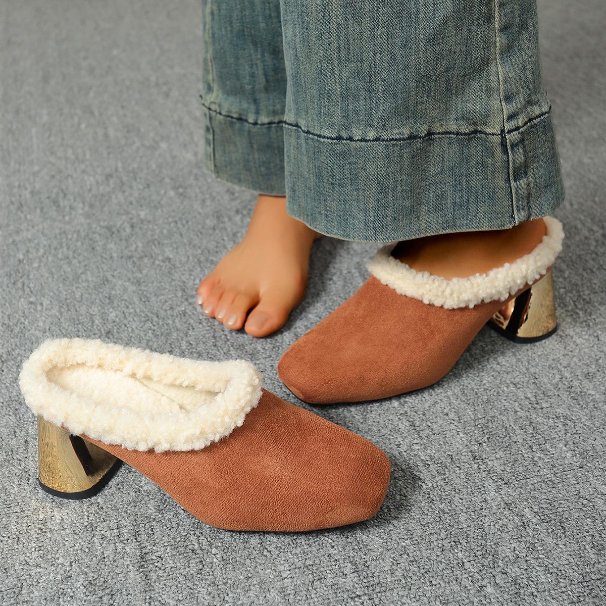 

Winter Women High Heel Pumps Handmade Warm Fur Snow Boots Medium Heel Single Shoes Leather Rubber Outsole Comfortable Booties 43 помаранчевий