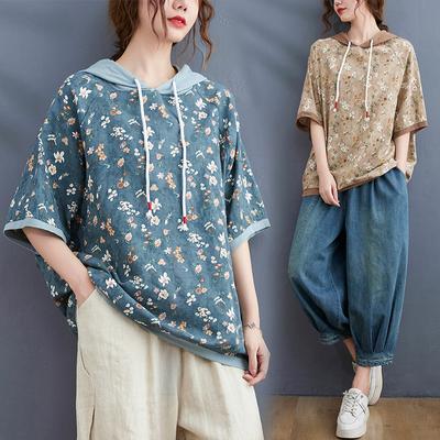 Summer Casual Women Short Sleeve Linen Retro Hooded Floral Thin Tops Tees Floral Loose Pullover Top