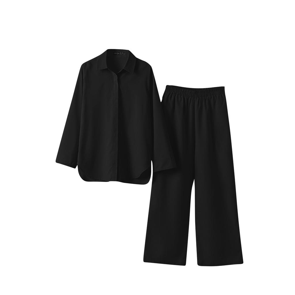 Women's Fashion Casual Summer Color Lapel Long-sleeved Shirt Elastic Waist Nine-point Pants Two-piece Suit