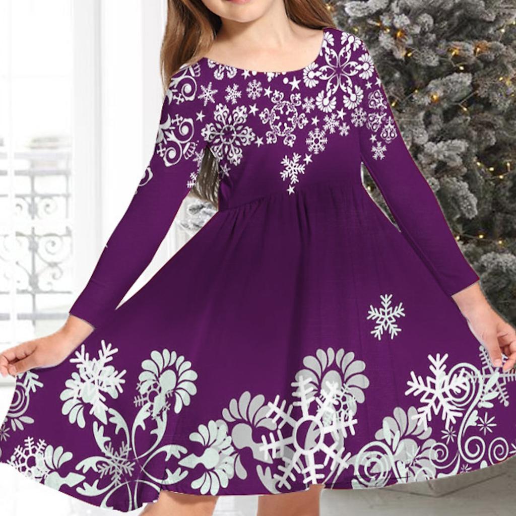 Spring Girl Casual 3D Red Flower Snowflake Print Round Neck Long Sleeve Dress Kid Princess Dress