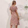 Women Floral Print Long Dress Summer Fall Casual V-neck Short Sleeve High Waist Slim A-Line S-XL